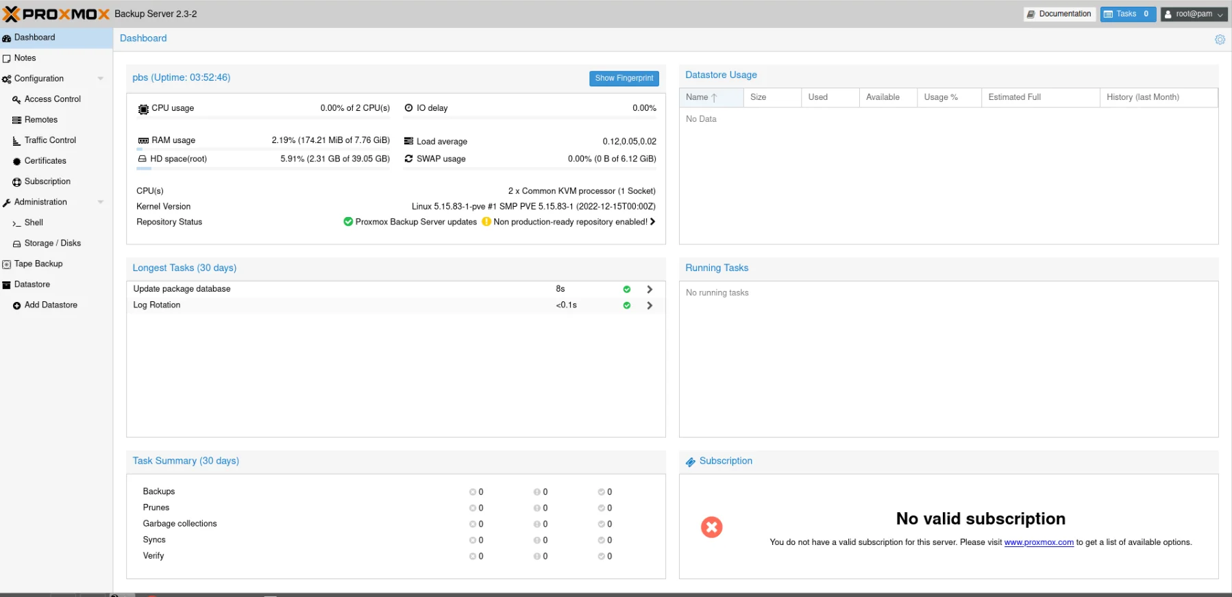 Interface do proxmox backup server