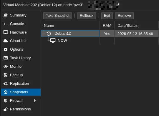 Interface de snapshot no proxmox